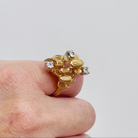 Vintage 18K HGE CZ Abstract Nugget Brutalist Ring Sz 5 Cocktail Statement Ring - Picture 6 of 13